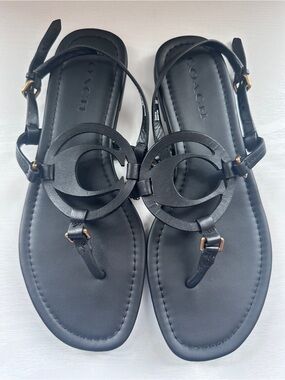 Coach Black Logo Thong Sandals with Circular Logo Accent